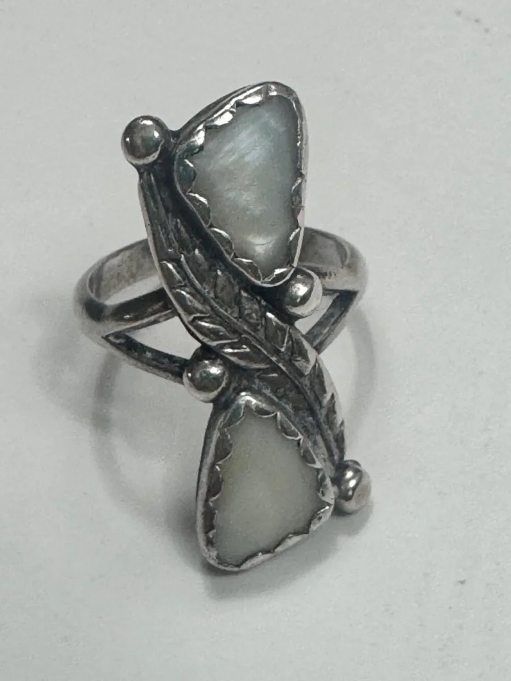 Native American Mother of Pearl Ring Approx Sz 6 2 Stone Sterling Silver Stamped